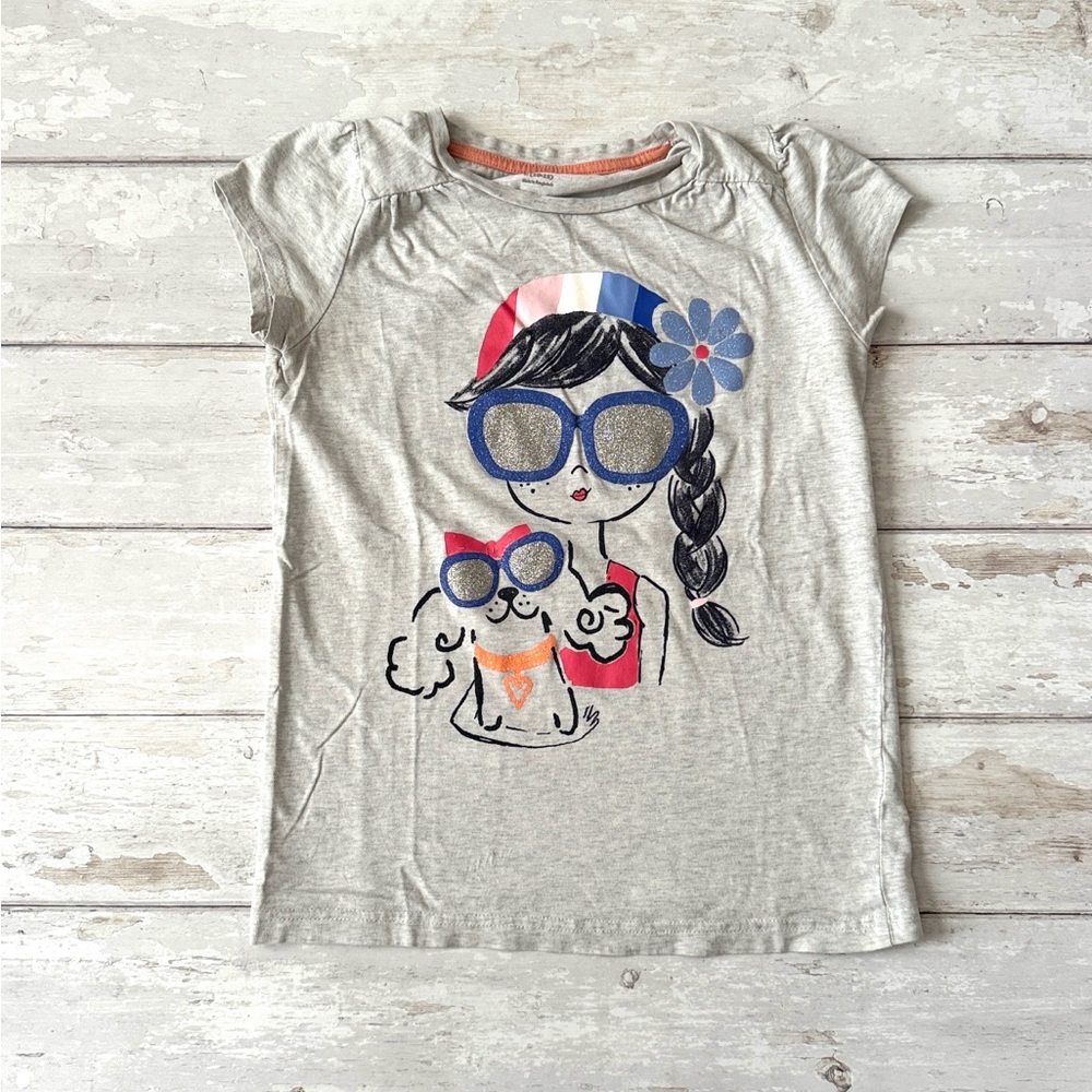Gymboree 10/12 Girls Gray Short Sleeve Shirt Girl & Dog Print Size 10 12 Kids
